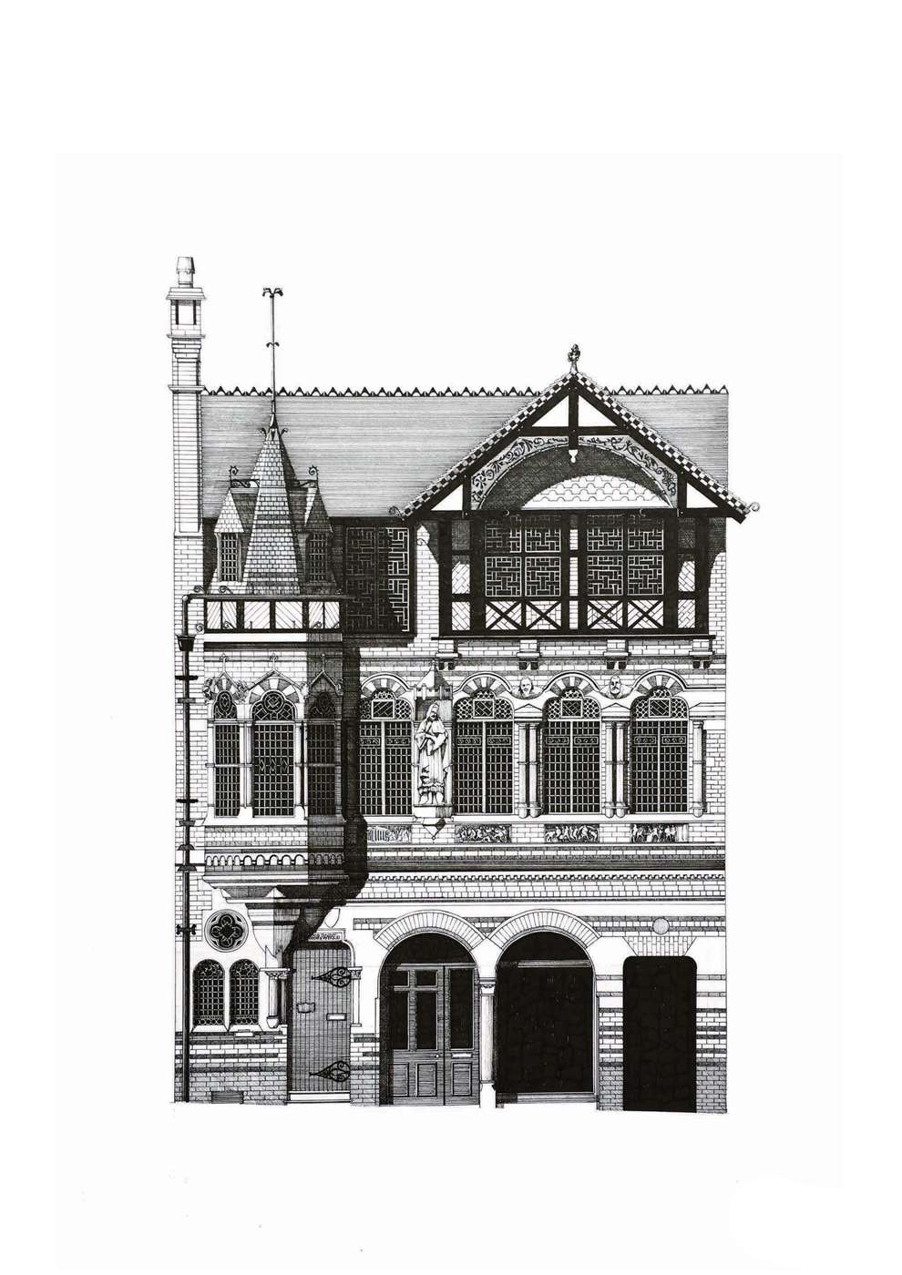 Nick Coupland, Intricate detailed historic architecture illustration of the Watson Fothergill building. Pen and ink, striking, bold images. 